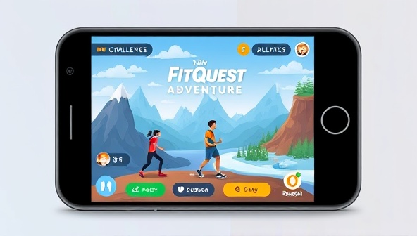 An engaging app interface mockup showcasing a virtual fitness world with avatars completing workout challenges, earning rewards, and exploring different exercise environments like mountains, beaches, and forests, inspiring users to embark on a FitQuest Adventure for a healthier and more active lifestyle.