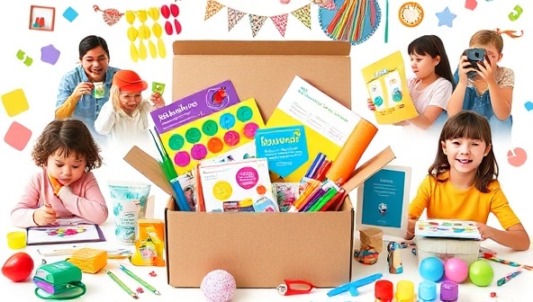 A colorful and inviting subscription box overflowing with craft materials, tools, and project guides, set against a backdrop of crafters of all ages enjoying creative activities and showcasing their finished DIY projects, illustrating the joy of crafting at home.