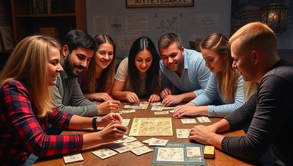 A group of friends gathered around a table, immersed in solving puzzles and deciphering clues from an escape room kit, showcasing teamwork and excitement, with a sense of mystery and adventure in the air.