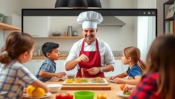 An online class setup with a cheerful chef guiding a group of children through a cooking activity via video call, showcasing a fun and interactive learning environment for young aspiring chefs.