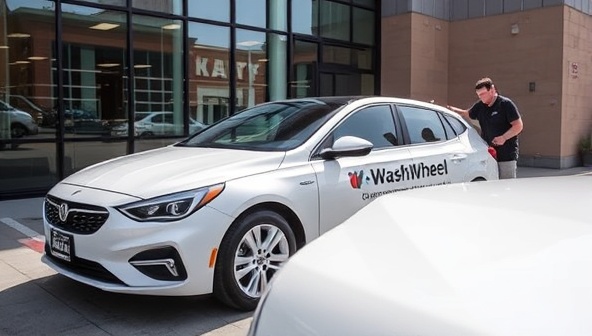 An image of a shiny, freshly cleaned car parked outside a busy office building, with the WashWheels team in action, showcasing convenience and quality service.