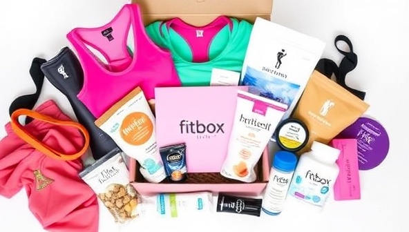 An elegantly designed subscription box filled with colorful workout gear, healthy snacks, supplements, and self-care products, arranged in a visually appealing layout, creating a sense of excitement and anticipation for subscribers opening their personalized FitBox Delights package.