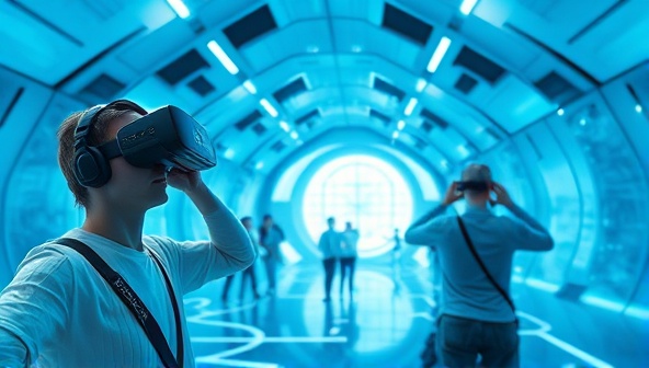 An immersive VR experience showcasing a futuristic virtual tour of a cutting-edge architectural marvel, with users wearing VR headsets and interacting with the digital environment, capturing the essence of innovative architectural exploration.