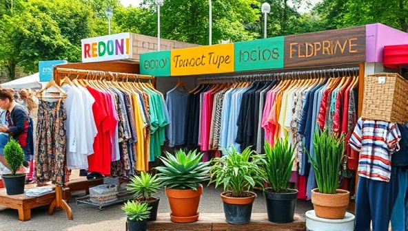 A colorful and vibrant outdoor pop-up thrift store setup with racks of clothing, potted plants, and eco-friendly signage, drawing in a diverse crowd of shoppers excited to browse sustainable fashion choices.