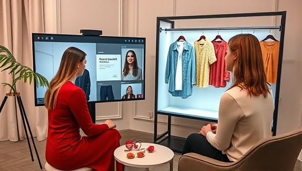 An elegant virtual styling consultation setup featuring a stylist interacting with a client via video call, showcasing outfit recommendations on a digital screen, a virtual wardrobe display, and fashion accessories, creating a modern and personalized styling experience.