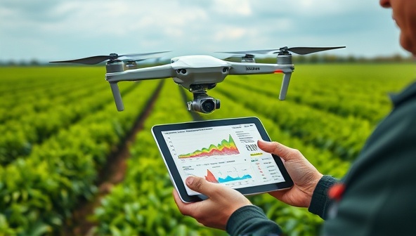 A drone hovering over lush green fields, capturing detailed crop data with colorful graphs and analytics displayed on a tablet held by a farmer, illustrating precision farming and technology integration.
