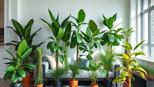An array of lush indoor plants displayed in a modern, well-lit living room setting, creating a tranquil and inviting ambiance that highlights the beauty and benefits of indoor greenery.