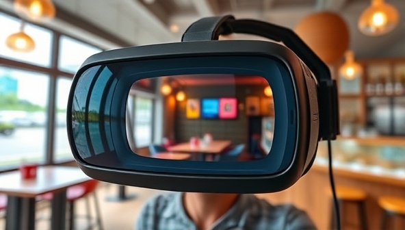 An exciting VR headset displaying a virtual tour of a vibrant local business, with interactive elements and realistic graphics, showcasing the immersive experience offered by the service.