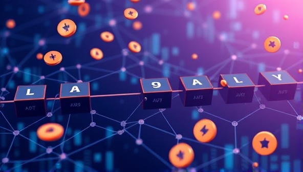 An abstract representation of interconnected blockchain blocks forming a loyalty rewards chain, with digital tokens floating around symbolizing the secure and decentralized nature of the blockchain-powered loyalty program.