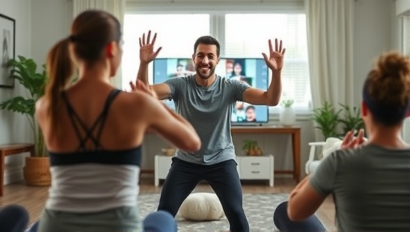 A dynamic and motivating image of a virtual fitness coach leading an energetic workout session via a video call, with participants following along from their homes, showcasing convenience and engagement.