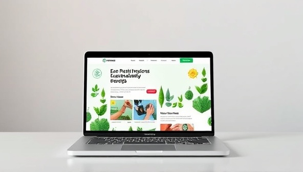 An artistic representation of a laptop screen displaying a nature-inspired website design with elements of sustainability, such as green energy icons, recycled materials imagery, and eco-friendly color schemes, promoting eco-conscious web solutions.