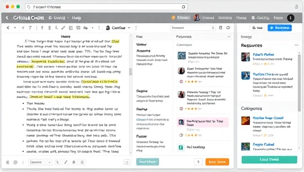An online platform interface showing a manuscript with tracked changes and comments from multiple reviewers, a chat window for instant feedback, and a resources tab with writing guides and workshops, demonstrating the collaborative and educational aspects of CritiqueCraft's critique services.