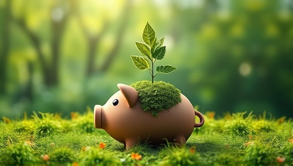 A vibrant and eco-themed marketing campaign visual featuring a lush green landscape with a tree growing out of a piggy bank, symbolizing the growth and sustainability achieved through eco-friendly banking choices, appealing to environmentally conscious consumers.