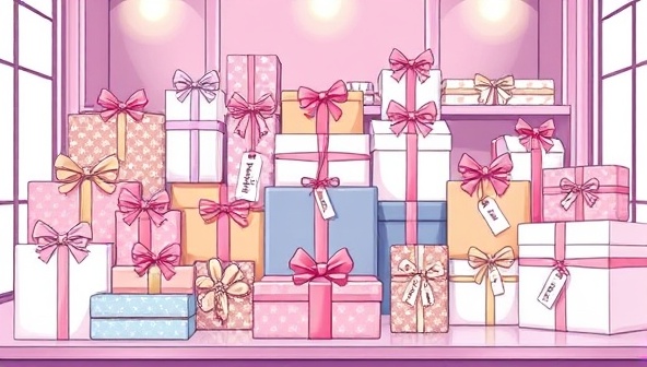 A digital illustration featuring a sophisticated gift wrapping station with an array of beautifully wrapped presents, decorative ribbons, and personalized gift tags, exuding elegance and the art of thoughtful gifting, setting the scene for the services offered by GiftGenie Concierge.