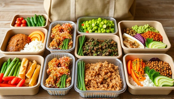 An assortment of colorful plant-based dishes neatly arranged in eco-friendly meal containers, showcasing freshness and variety in vegan cuisine, with a delivery bag in the background for added context.