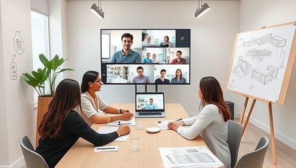 A virtual architectural design workshop setting with participants engaging in a collaborative design session through video conferencing, digital drawing tools, and shared design boards, fostering creativity and learning in a virtual studio environment.