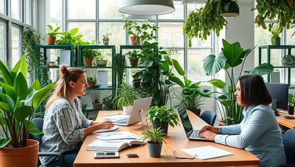 An eco-friendly office setting with sustainable accounting consultants collaborating on green financial strategies, surrounded by plant-filled workspaces, recycled paper materials, and energy-efficient lighting, reflecting the commitment to sustainable practices and environmental responsibility at EcoLedger Solutions.