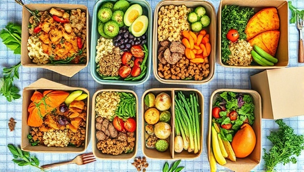 An array of colorful plant-based meals neatly arranged in eco-friendly containers, showcasing vibrant salads, hearty grain bowls, and protein-rich dishes, surrounded by fresh herbs and spices, conveying a message of health, sustainability, and culinary creativity.