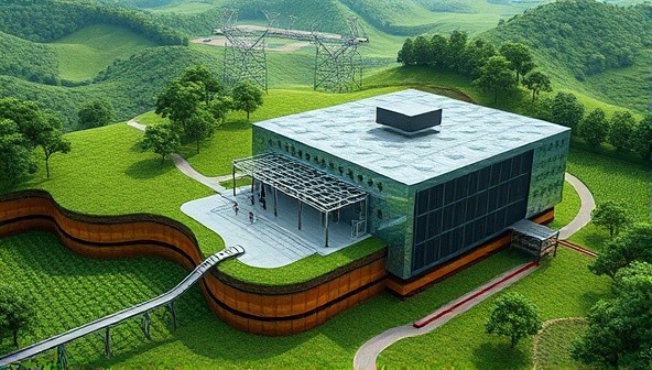 An architectural visualization of a cutting-edge data center facility integrated with geothermal energy systems, featuring underground heat exchange units and renewable energy sources, surrounded by lush green landscapes, symbolizing the harmony between technology and nature.