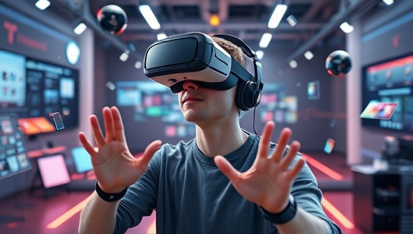 An immersive VR environment showcasing a designer wearing a VR headset and interacting with a virtual website interface, surrounded by digital tools and design elements floating in the virtual space, illustrating the futuristic and innovative approach to web design prototyping.