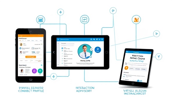 An interconnected network of digital devices displaying medication profiles, health data, and a virtual pharmacist providing drug interaction advisory through a secure telemedicine platform, highlighting the convenience and reliability of MedCheck Connect service.