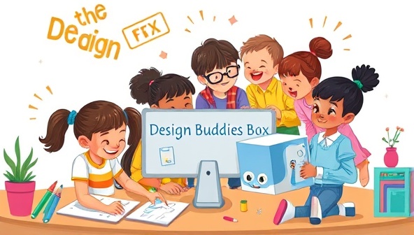 An imaginative illustration of a group of diverse children gathered around a computer, working on a design project from their Design Buddies Box, with colorful design tools, sketches, and a friendly robot mascot, fostering a collaborative and creative learning environment.