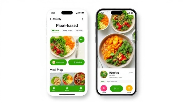 An aesthetically pleasing mobile app interface showcasing vibrant plant-based dishes, meal prep options, and a user-friendly design that encourages healthy eating habits and sustainability.