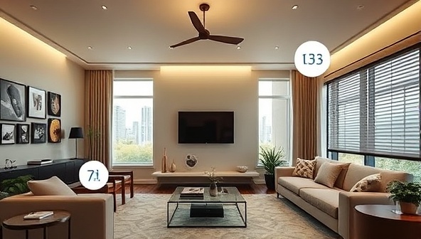 A modern living room with smart home devices seamlessly integrated, such as voice-controlled lighting, a smart thermostat, and automated blinds, illustrating a blend of technology and comfort in a stylish setting.