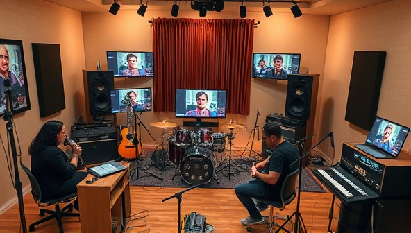 A virtual music studio setting with musicians from different locations joining a collaborative music session, surrounded by instruments, recording equipment, and digital music interfaces, capturing the essence of creative synergy and musical collaboration in a virtual environment.