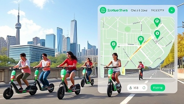 An energetic visual featuring a diverse group of riders navigating city streets on electric scooters, with iconic urban landmarks in the background and a digital map overlay showing scooter availability and ride routes, capturing the convenience and eco-friendly appeal of ScootEase Share's online scooter-sharing platform.