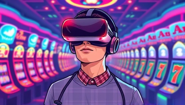 An illustration of a person wearing a VR headset, surrounded by virtual casino tables and slot machines, with colorful lights and animations, showcasing the futuristic and immersive VR casino experience.