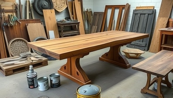 A workshop scene with artisans repurposing reclaimed wooden beams into a stylish dining table, surrounded by tools, paint cans, and salvaged architectural elements, illustrating the craftsmanship and creativity of upcycling architectural materials.