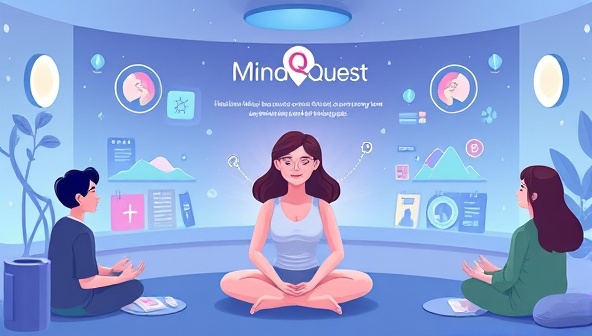 An interactive image of users engaging with mental health exercises and self-care activities on the MindQuest platform, with avatars practicing mindfulness, emotional regulation techniques, and cognitive tasks in a serene and supportive virtual environment, surrounded by calming visuals and self-improvement tools, highlighting the empowering and therapeutic nature of MindQuest's mental health platform.