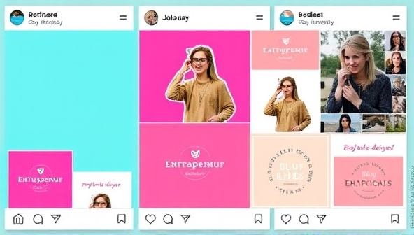 A vibrant social media feed mockup featuring branded posts, logos, and templates designed by the Brand Boost Kit service, creating a cohesive and visually appealing online presence for a fictional entrepreneur, highlighting the impact of social media branding kits.
