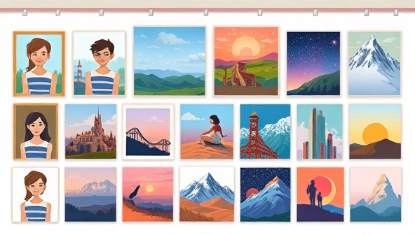 An aesthetic digital illustration showcasing a diverse range of personalized artworks, including portraits, landscapes, and abstract designs, displayed in a virtual gallery setting, illustrating the creativity and variety of offerings on the platform.