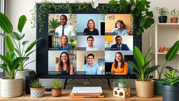 An engaging virtual workshop setting with a diverse group of participants interacting on screen, surrounded by green plants, recycled décor, and eco-friendly props, creating a vibrant and educational atmosphere.