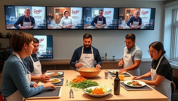 A virtual cooking class setup with a diverse group of corporate employees engaged in a team-building activity, each following the chef's instructions on their screens, with ingredients laid out and branded aprons for a cohesive and interactive experience, fostering teamwork and connection in a remote work environment.
