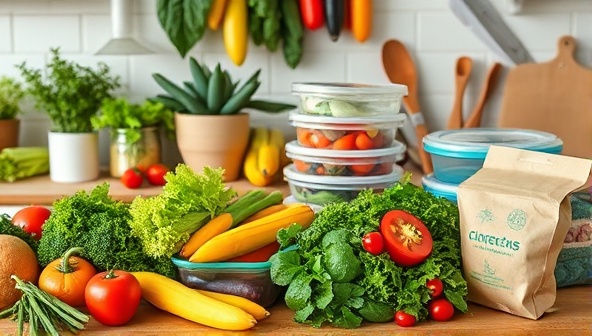 A vibrant kitchen scene with fresh vegetables, reusable containers, and eco-friendly packaging, reflecting the essence of sustainability and conscious living in meal preparation.