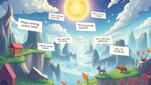 An imaginative illustration of a virtual fantasy world with writing prompts floating in the air, magical creatures, and fantastical landscapes, inviting subscribers to embark on a creative writing adventure within the interactive game environment.