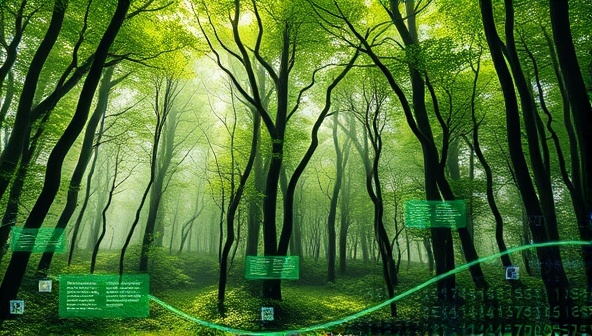 An artistic representation of a lush green forest intertwined with digital elements and website graphics, symbolizing the harmony between nature and technology in the eco-friendly approach of GreenWeb Creations.