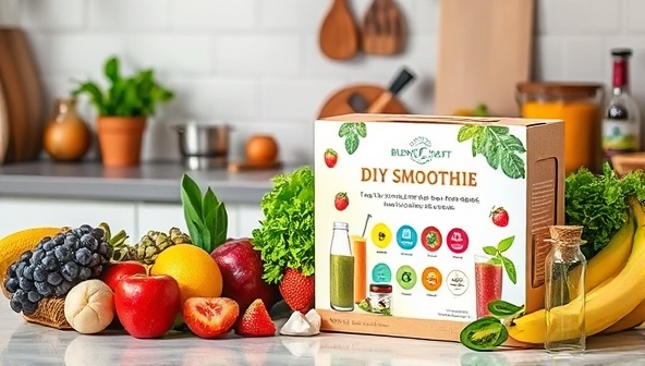 A colorful and vibrant image of a kitchen countertop filled with assorted fresh fruits, leafy greens, and superfood powders next to a sleek and stylish DIY smoothie bar kit box, featuring an array of recipe cards and mix-ins, inspiring customers to create their own nutritious and delicious smoothies at home with BlendCraft Kits.