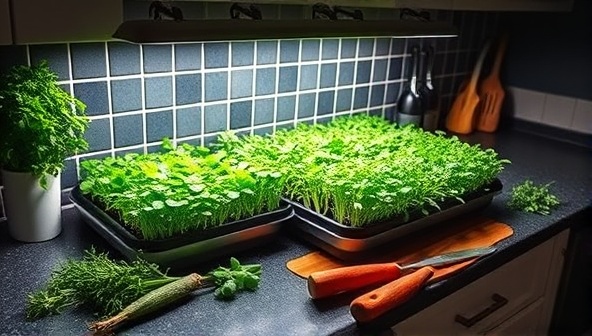A modern kitchen countertop adorned with lush trays of growing microgreens under LED grow lights, surrounded by fresh herbs and culinary tools, evoking a vibrant and sustainable urban gardening scene.