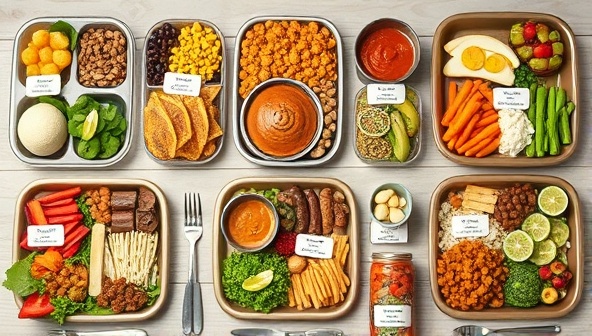 An artistic representation of a diverse array of customized meal platters, each uniquely designed to cater to different dietary needs, with labels highlighting key nutritional benefits, promoting a sense of personalization and wellness.