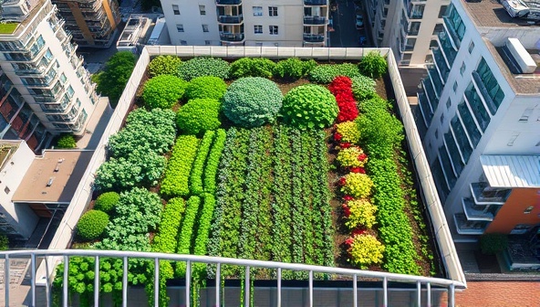 An aerial view of a lush green rooftop garden with neat rows of vegetables, herbs, and flowers, surrounded by city buildings, illustrating the concept of urban agriculture and sustainability in a modern setting.