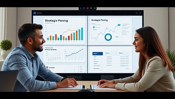 An engaging virtual CFO consulting session with a startup team, portrayed through a video call interface showcasing financial data analysis and strategic planning discussions, highlighting collaboration and expertise.