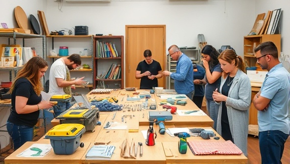 A workshop setup with various tools, equipment, and materials for home improvement projects, surrounded by eager participants learning and engaging in hands-on DIY activities, capturing the essence of learning and empowerment that CraftHaus Sessions offer to attendees.