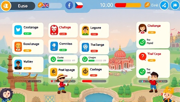 An engaging game interface displaying diverse language challenges, progress bars, and cultural landmarks, with animated characters embarking on language learning quests and earning rewards, illustrating the fun and interactive nature of LingoQuest as a language learning app.