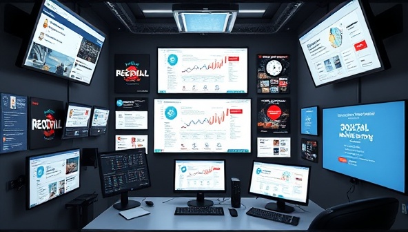 A vibrant digital marketing hub with screens displaying various social media platforms, analytics dashboards, and engaging marketing content, illustrating the dynamic and data-driven nature of digital marketing strategy consulting.