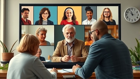 An artistic representation of a virtual writing workshop session, featuring a diverse group of writers interacting on a screen with a prominent author leading the discussion, creating a sense of community and collaboration.