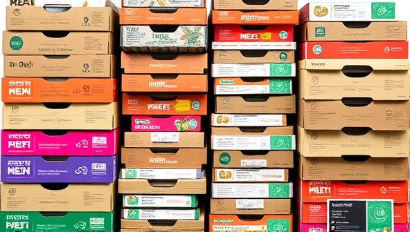An array of colorful meal kit boxes stacked neatly, showcasing a variety of fresh ingredients and recipe cards, conveying convenience and customization in meal preparation.